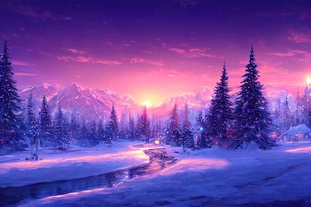Hermoso paisaje de invierno con nieve y pinos ilustración de paisaje con tema navideño