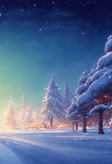 Hermoso paisaje de invierno con nieve y pinos ilustración de paisaje con tema navideño