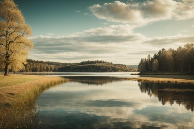 Foto hermoso paisaje con lago y bosque al amanecer estilo retro