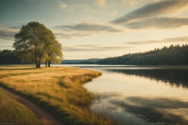 Foto hermoso paisaje con lago y bosque al amanecer estilo retro