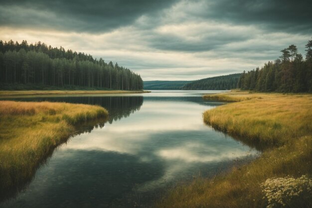 Hermoso paisaje con lago y bosque al amanecer estilo retro