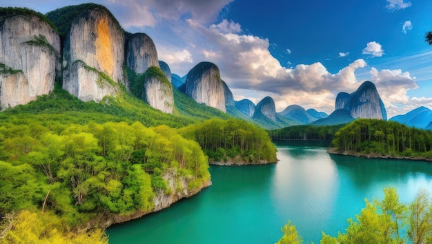 Hermoso paisaje de un lago de montañas dolomitas árboles cielo colorido generativo ai