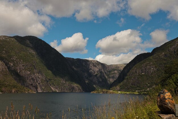 Hermoso paisaje en el lago de las montañas rodeado de montañas. Lago enorme en Noruega. Cielo azul escandinavo.