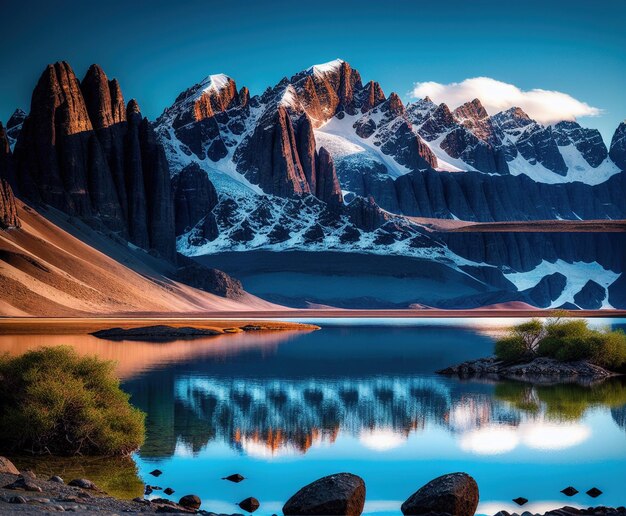 Foto hermoso paisaje con lago y montañas