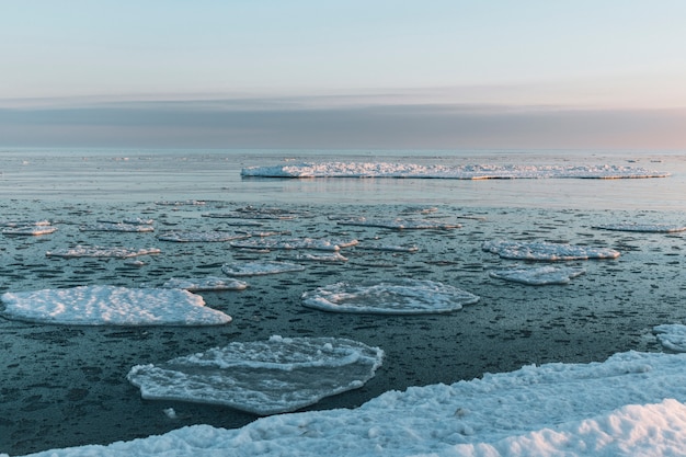 Hermoso paisaje de mar de invierno con fragmentos de hielo flotante