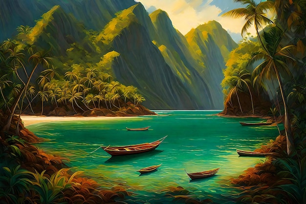 Hermoso paisaje marino de isla tropical con palmeras y barcos Pintura digital