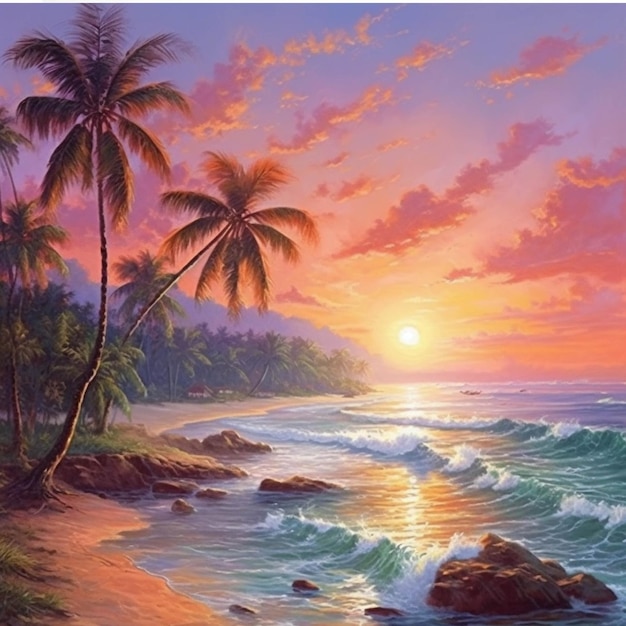 Hermoso paisaje marino con palmeras y puesta de sol Pintura digital