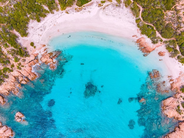 Foto hermoso paisaje marino con playa blanca y rosa en un día soleado de verano vista aérea playa popular magdalena cerdeña italia concepto de hobby de viajes