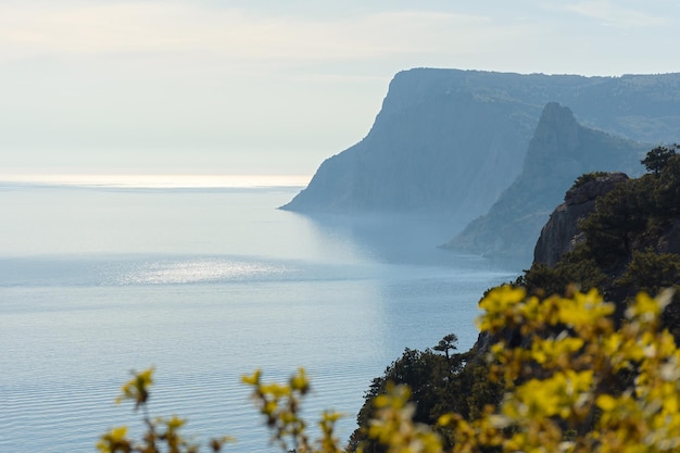 Hermoso paisaje marino de primavera. Espacio de copia de fondo natural atmosférico. La superficie azul del agua.