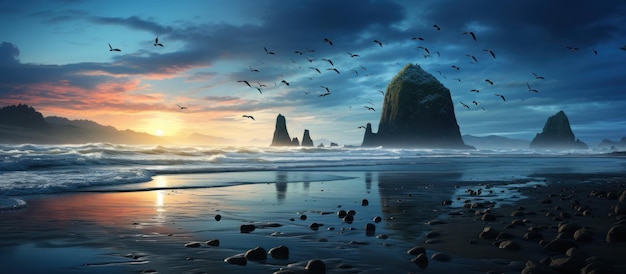 Hermoso paisaje marino con rocas y pájaros al amanecer.