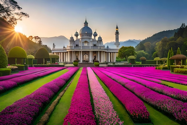 Un hermoso paisaje con una mezquita y flores.