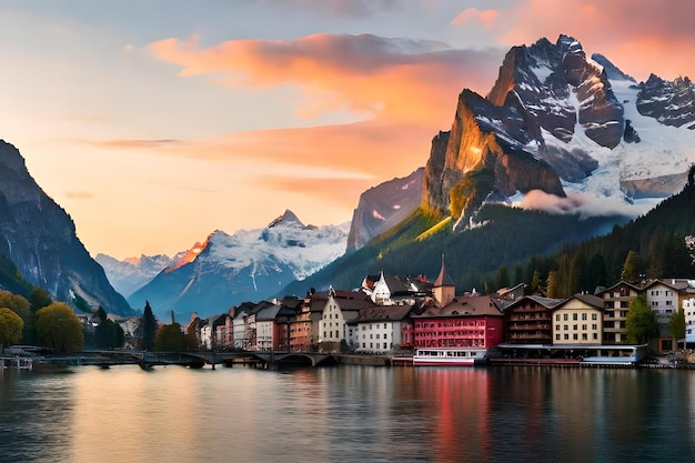 Un hermoso paisaje de montaña con un bote en el agua.