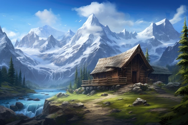 Hermoso paisaje de montaña con casa de madera en las montañas Pintura digital Cree una hermosa escena de montaña con una casa de troncos en la ladera de una montaña escarpada que tiene nieve Generada por IA