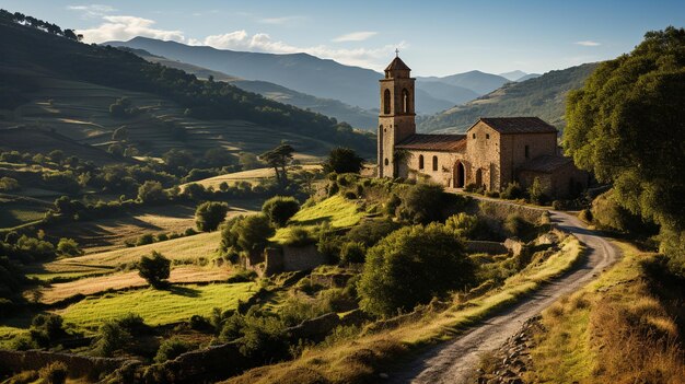 hermoso paisaje de montaña con iglesia en el pueblo italiano de castelvecchio norrzzo región de umbria italia