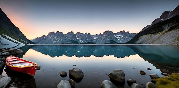 Hermoso paisaje de montaña en un lago con un barco