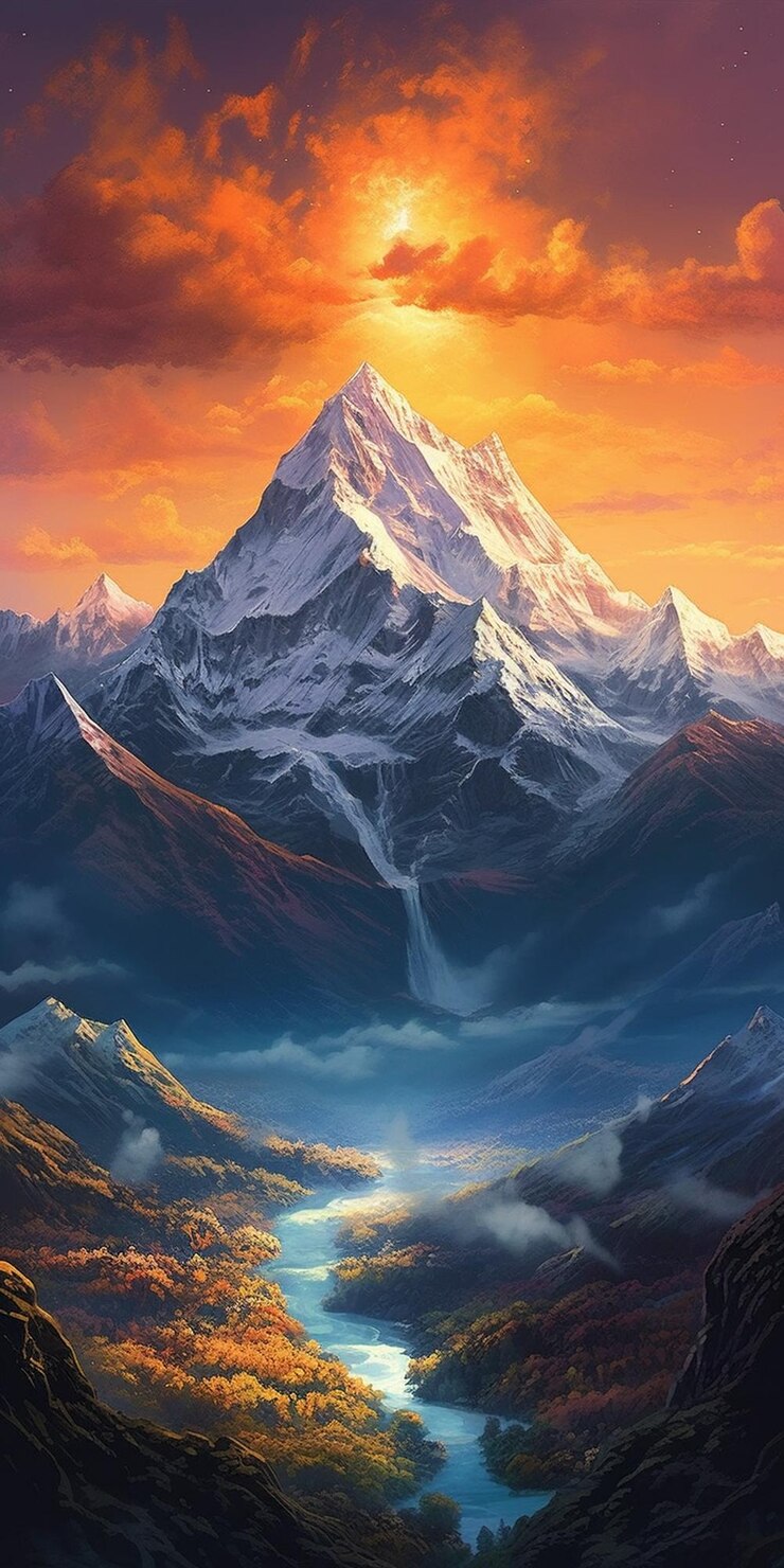 Hermoso paisaje de montaña con lago y cielo azul Pintura digital