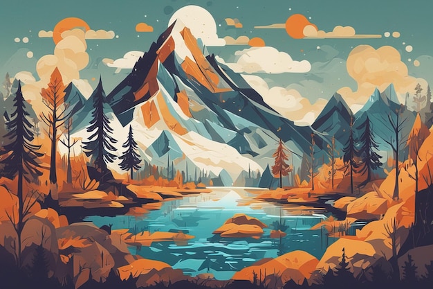 hermoso paisaje de montaña lago montaña y bosque ilustración vector arte ilustraciónbea