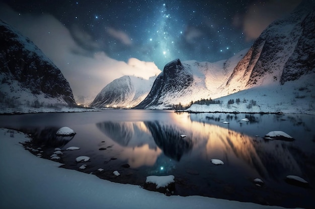 Hermoso paisaje de montaña nevada con ríohermoso paisaje de montaña nevada con río en la noche