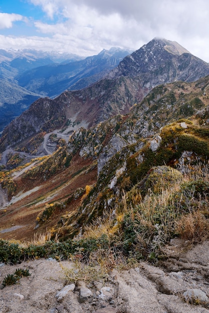 Hermoso paisaje de montaña otoñal con árboles en el Kavkaz