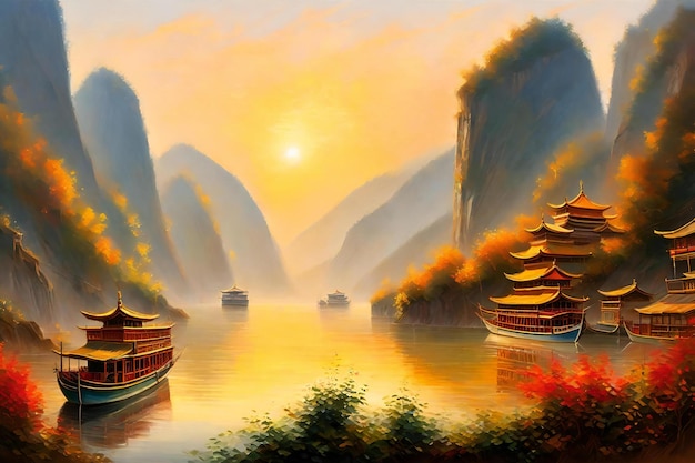 Hermoso paisaje de montaña con pagodas y barcos Pintura digital