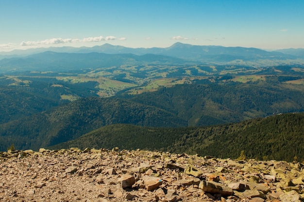 Hermoso paisaje de montaña, con picos cubiertos de bosque y un cielo nublado