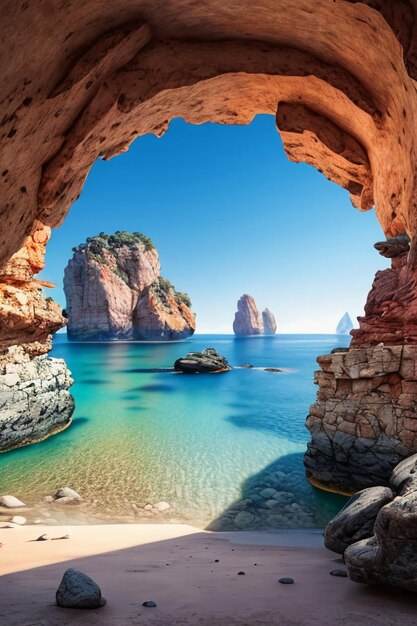 Hermoso paisaje montañas mar playa cielo azul nubes blancas paisaje marino fondo de pantalla