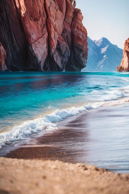 Hermoso paisaje montañas mar playa cielo azul nubes blancas paisaje marino fondo de pantalla