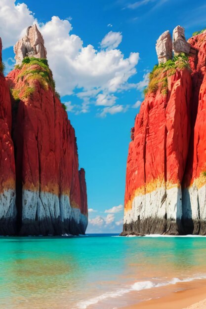 Foto hermoso paisaje montañas mar playa cielo azul nubes blancas paisaje marino fondo de pantalla