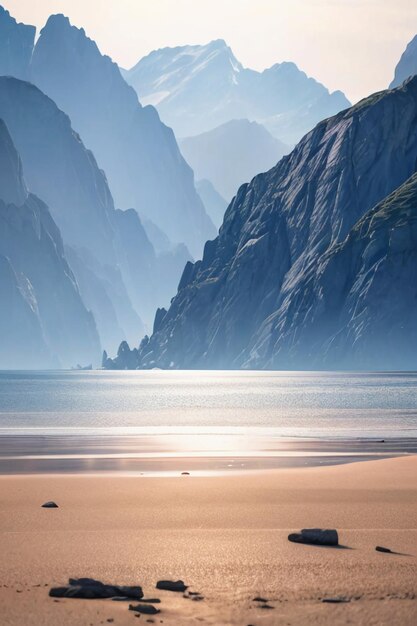 Hermoso paisaje montañas mar playa cielo azul nubes blancas paisaje marino fondo de pantalla