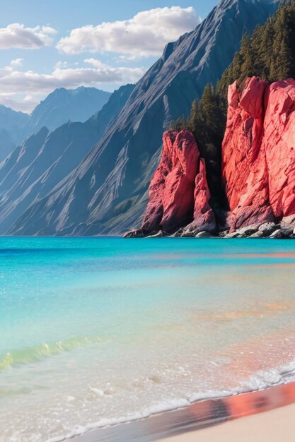 Foto hermoso paisaje montañas mar playa cielo azul nubes blancas paisaje marino fondo de pantalla