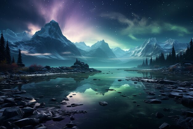 hermoso paisaje de montañas nevadas y auroras boreales