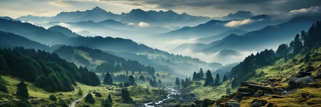 Hermoso paisaje montañoso brumoso con pinos