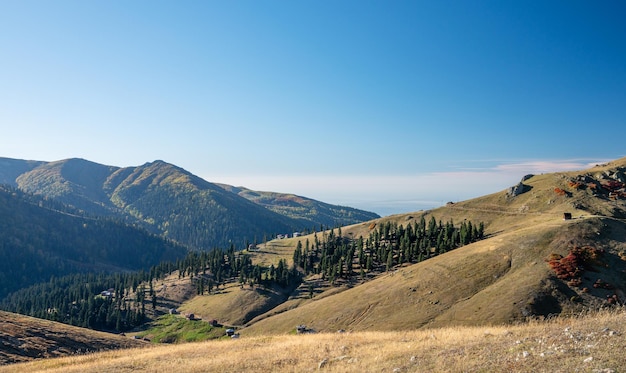 Hermoso paisaje montañoso de otoño con árboles coloridos cielo azul y casas antiguas en un día soleado Viajando por las montañas de Georgia El pueblo de Gomismta