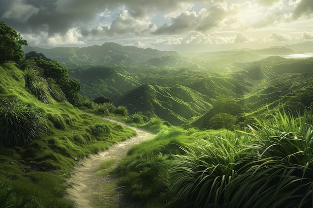 Un hermoso paisaje montañoso con un sendero que conduce a través de la hierba