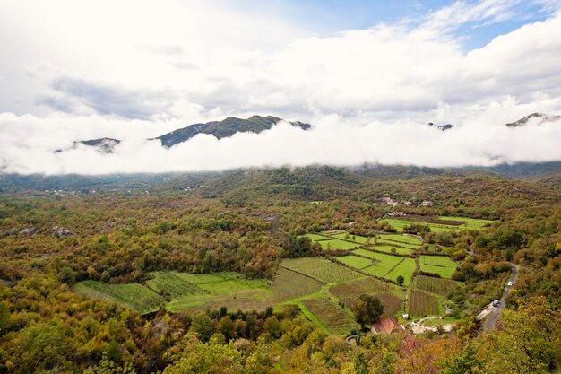 Hermoso paisaje en Montenegro, campos verdes y montañas