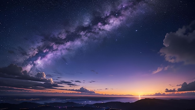 Hermoso paisaje natural y misteriosa vía láctea púrpura