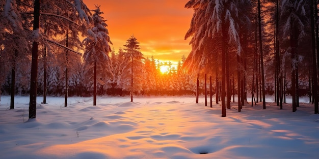 Hermoso paisaje natural nevado de invierno al atardecer