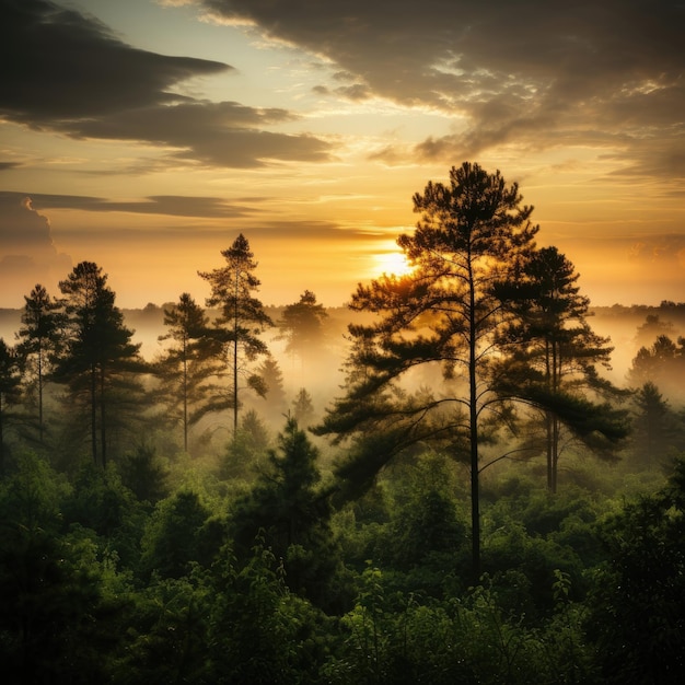 El hermoso paisaje natural presenta un bosque brumoso por la mañana IA generativa