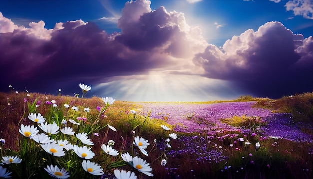 Hermoso paisaje natural de primavera y verano con un campo de flores de trébol púrpura Generar Ai