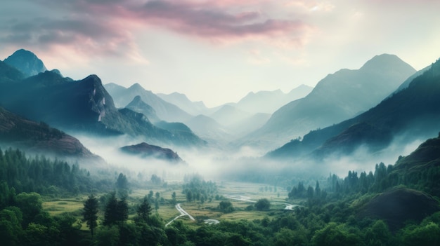 un hermoso paisaje con niebla y montañas