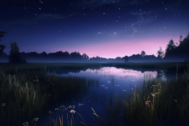 Hermoso paisaje nocturno con lago y cielo estrellado.