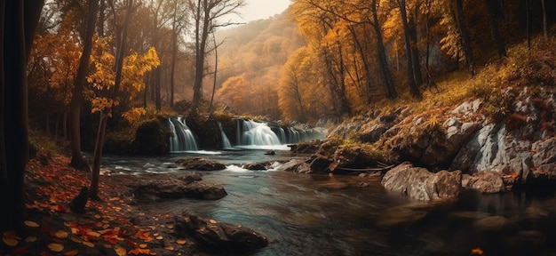 Hermoso paisaje otoñal con árboles amarillos y cascadaIA generativa