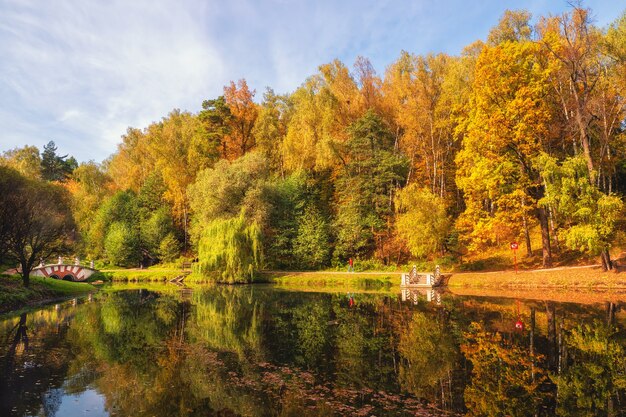 Hermoso paisaje otoñal con árboles rojos por el lago Tsaritsyno, Moscú