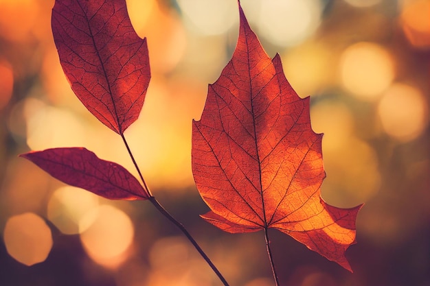 Hermoso paisaje otoñal borroso con hojas de otoño bajo el sol