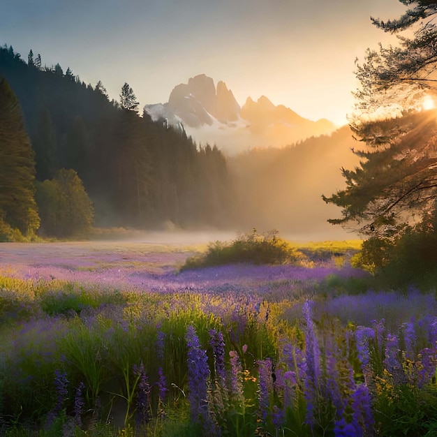 Hermoso paisaje otoñal en las montañas con flores rosadas Amanecer