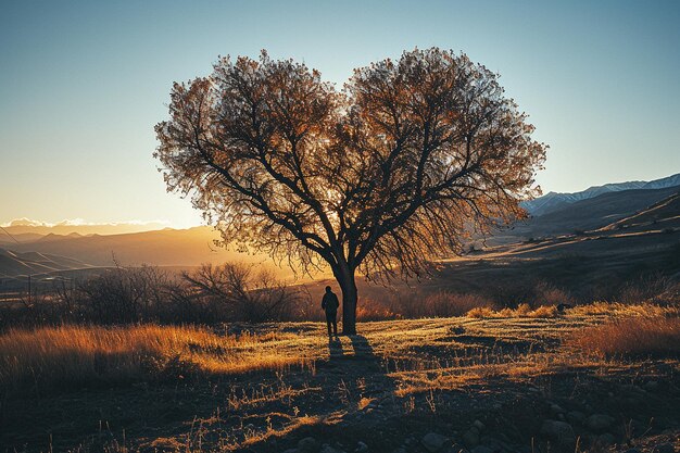 Hermoso paisaje de otoño con un árbol solitario en las montañas al atardecer