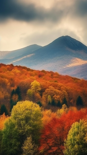 Un hermoso paisaje de otoño con una montaña al fondo.