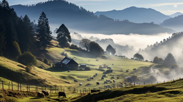 hermoso paisaje de otoño con una pequeña casa y un pueblo de montaña