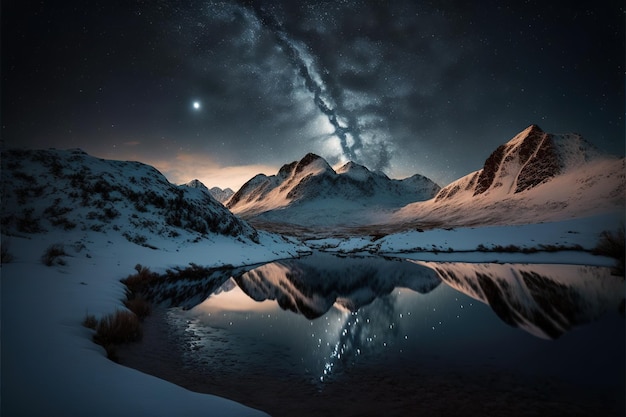 Hermoso paisaje paisaje de montaña y lago con cielo estrellado