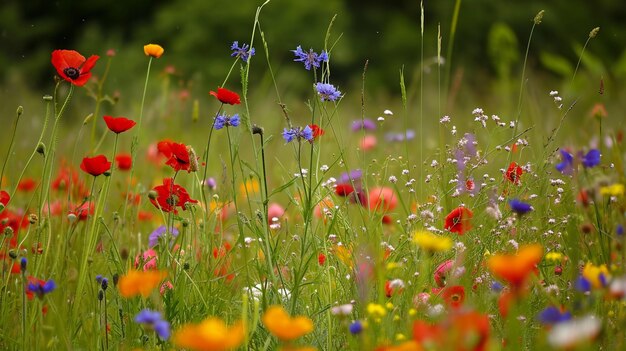 Hermoso paisaje panorámico de verano colorido de prado de flores con margaritas contra Generative Ai